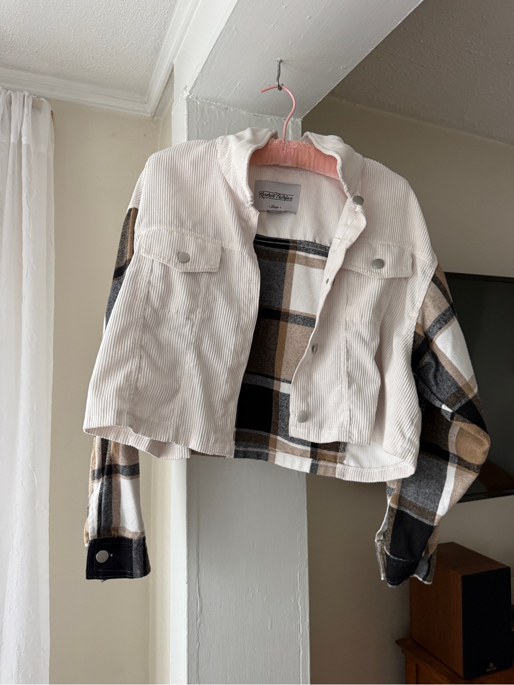 Plaid Corduroy Cropped Jacket Large White Tan Black